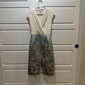 Ted Baker Dress Womens 1‎ Cream Silver Floral Brocade Midi Pockets Elegant